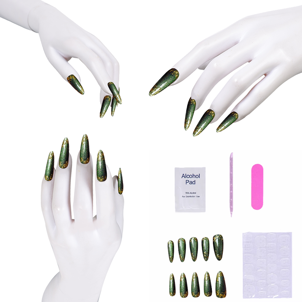 Nail Art Press On - Unhas prensadas verdes com detalhes dourados