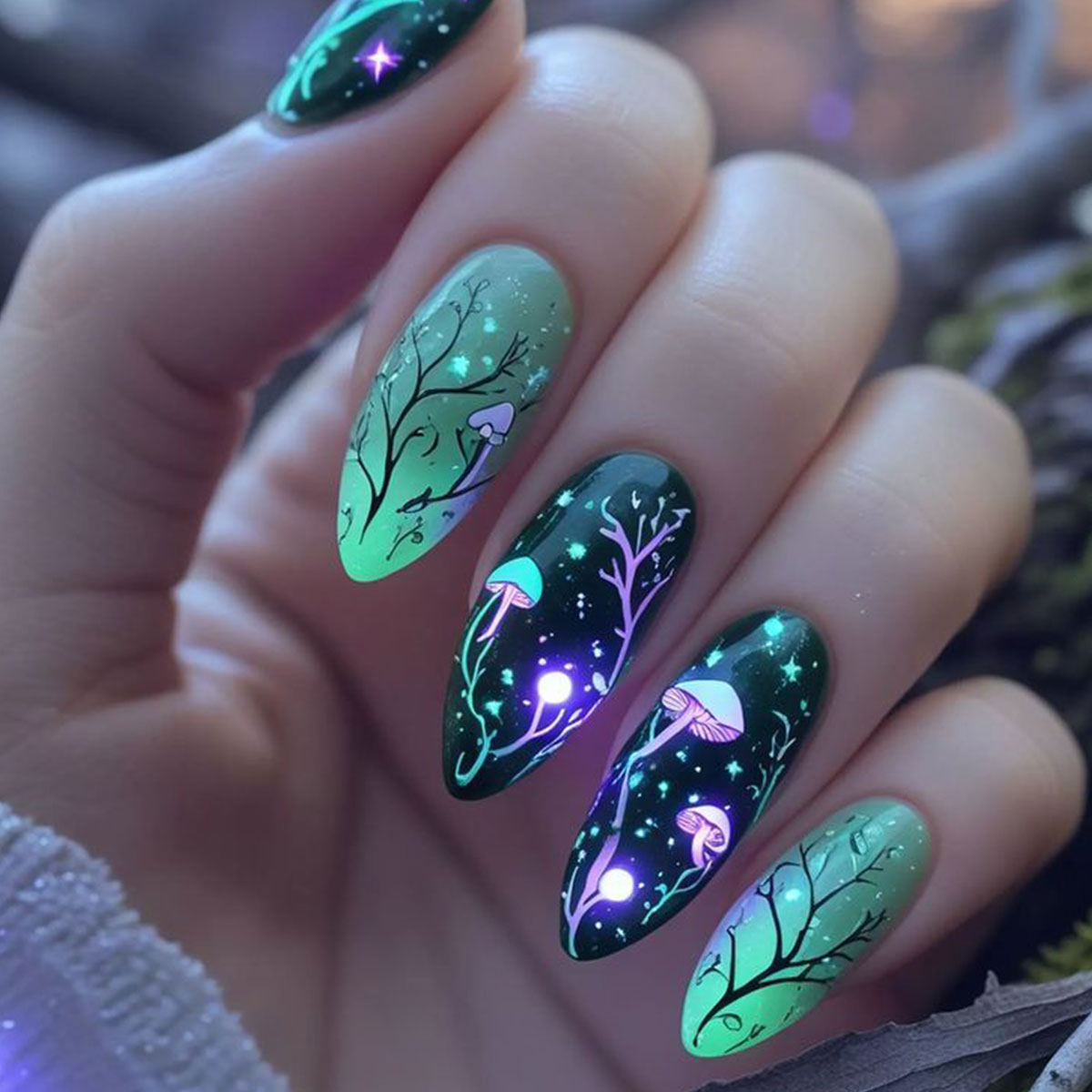 Nail Art Press On - Imprensa de amêndoa em unhas cogumelo
