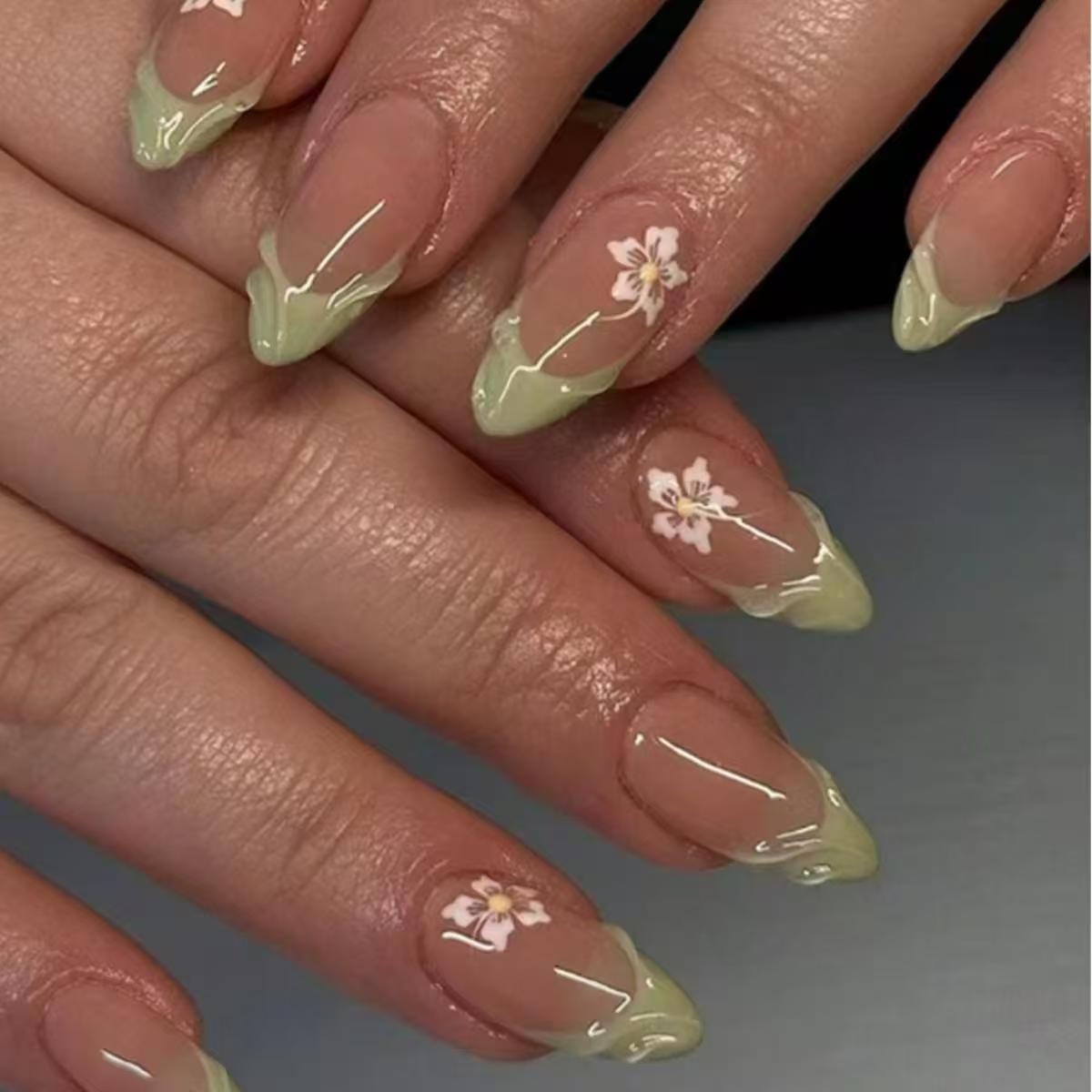 Nail Art Press On - 24 pçs simples verde francês unhas
