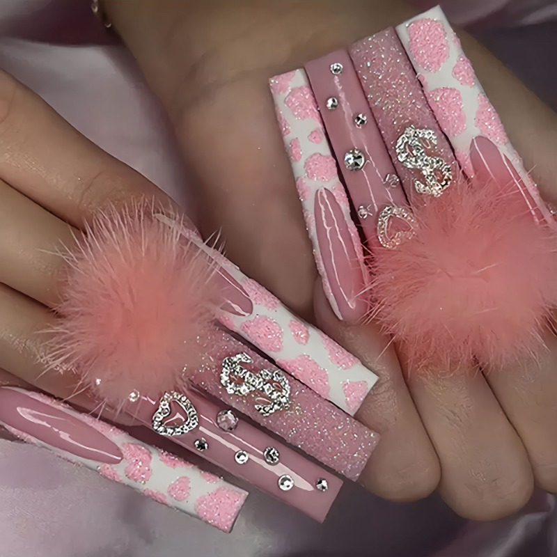 Nail Art Pink - Extra Long Square Dicas unhas falsas,